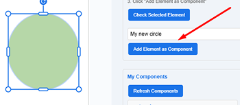 The Component Manager sidebar with a component name entered and the Add Element as Component button