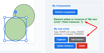 A new circle added as an instance of the master component, with the success message in the sidebar