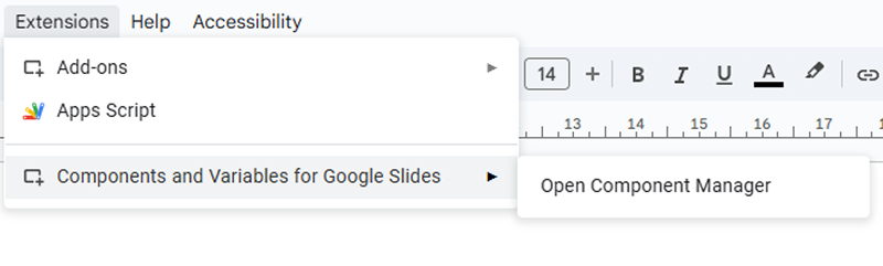 Google Slides Extensions menu with Components and Variables for Google Slides → Open Component Manager