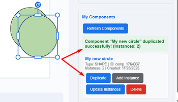 The master component duplicated as a linked instance, with the confirmation message