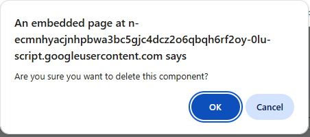 Google confirmation dialog asking to confirm deleting the component